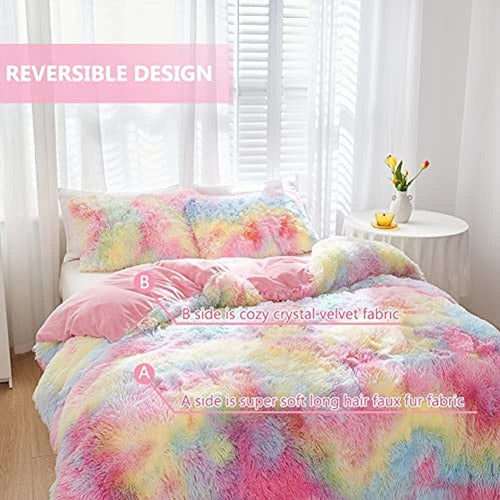 Sucses Fluffy Faux Fur Comforter Set with Rainbow Tie-Dye 3