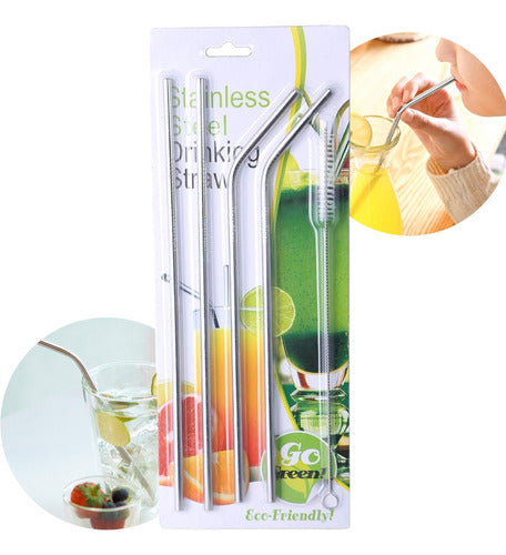 Aloha Stainless Steel Straw and Cleaner Set - Pack of 4 - Pack X 4 Bombilla Sorbete Acero Inox + Cepillo Limpiador