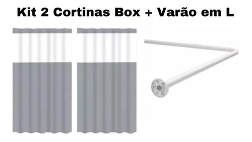 Kit Suporte Varão Banheiro Curvo Em L C/ 2 Cortina Box Cinza 1