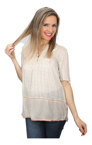 Corte fiel Blusa Bambula Panel Print Detalles Puntilla Amplia Importada 0