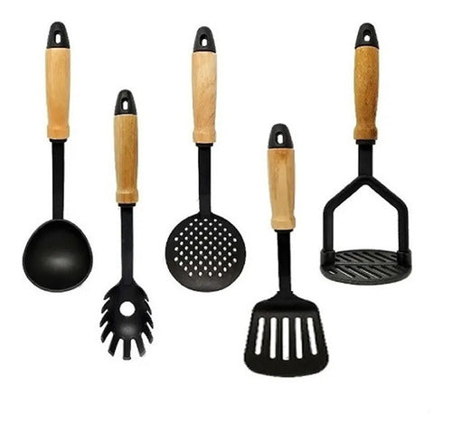 Set X 5 Utensilios De Nylon Mango De Madera Jovifel Teflón 0