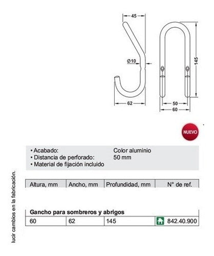 Percha Hafele 842.40.900 Gancho Colgador 145 Mm Acero Alumin 2