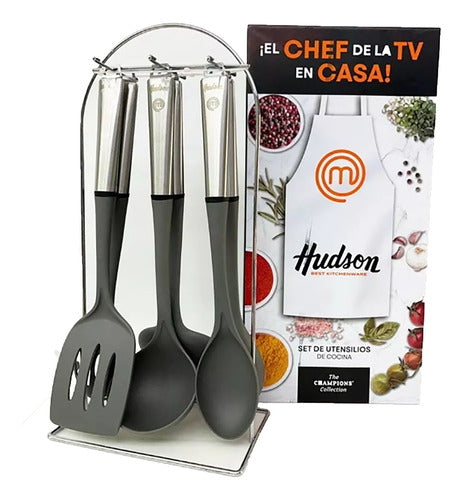 Set 6 Utensilios Hudson  Nylon Mango Acero Con Soporte! 0