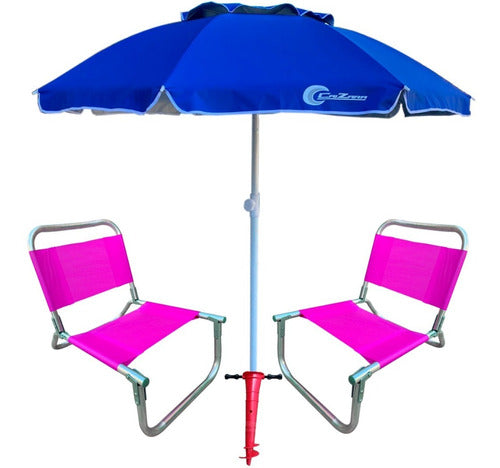 Set of 2 Reinforced Aluminum Beach Chairs 90kg + Super Strong 2m Umbrella 63