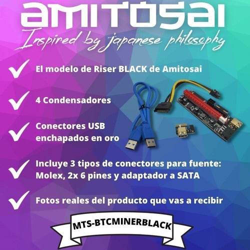 Amitosai Riser V009s Black 1x A 16x PCIe USB 3.0 Rig Minerx2 1