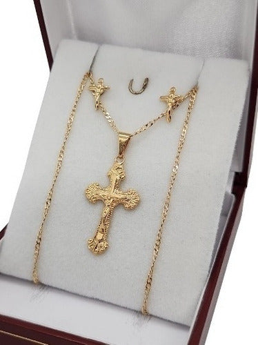 Conjunto Dije Cruz Cadena Oro18kt Enchapado P/mujer + Aros 0