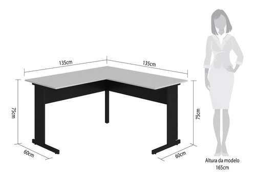 Mesa L Escritório Newcity Pé Metal 1,35cm Cza/pto Weboffice 1