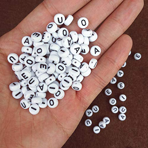 300pcs White Round Vowel Letter Beads A E I O U 7x4mm 1