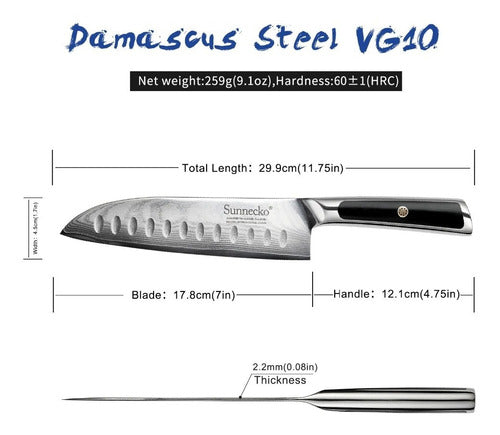 Sunnecko Santoku Kitchen Knife VG-10 Japanese Damascus 73 Layers 178mm 2