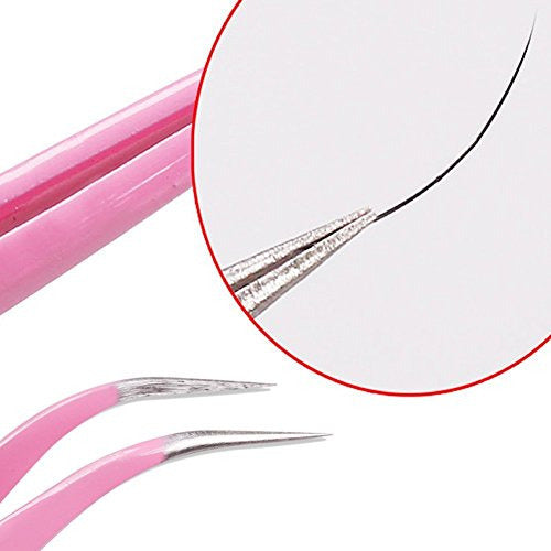 Akoak 2 Pieces Stainless Steel Eyelash Extension Tweezers - Straight and Curved - Pink 1