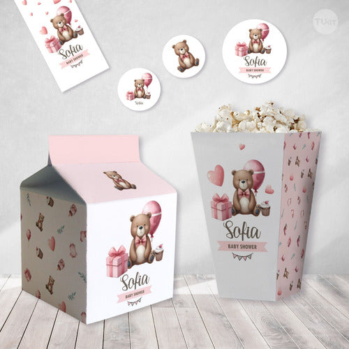 Kit Imprimible Osito Acuarela Rosa Baby Shower Tukit 6