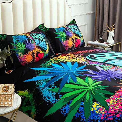 Suncloris Psychedelic Rainbow Black Peace Sign Bedding Set 4