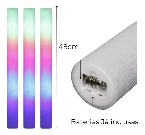 Kit 100 Bastão De Led Espuma 3 Fases Neon Festas Rave 48cm 1