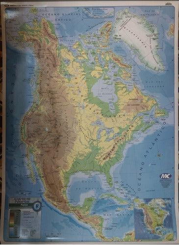 Mundo Cartografico Mapa America Del Norte Bifaz-Varillado-Físco-Poli-1,30x0,95m 0