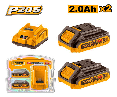 Ingco Set of 2 Batteries 20V 2.0 Amp + 1 Charger FBCPK1222 1