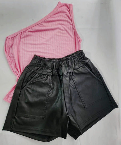 BAKMOR.OFICIAL Short Mom Engomado Mujer Simil Cuero Dama Moda Tiro Alto 3