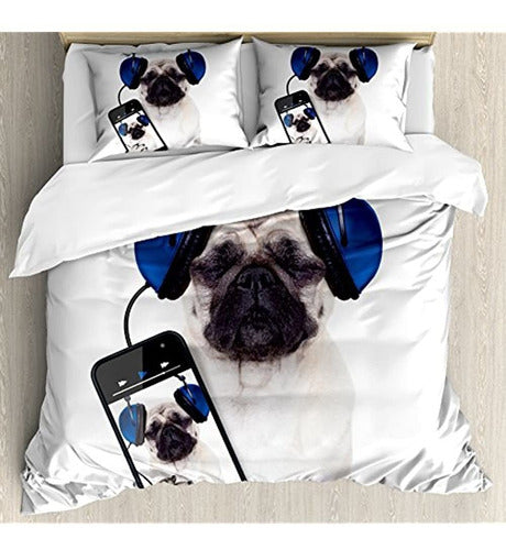 Ambesonne Pug Duvet Cover Set, Dog Listening to Music on Groovy Cool Headphones 0