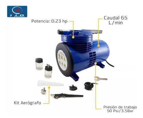 KLD Aerograph + Mini Automatic Compressor Kit 50 Psi 3.5 Bar 170W 2