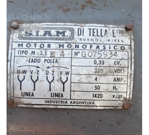 Motor Monofasico Siam Di Tella 0,33cv 1420rpm Funcionando 1