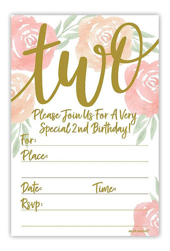 M&H Invites Acuarela Floral Girl 2nd Birthday Invitations - Rellene Con 0