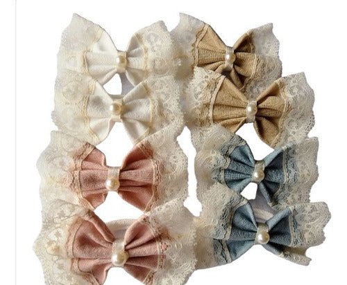 Set of 8 Girls' Vintage Cotton and Lace Hair Ties with Bows 0