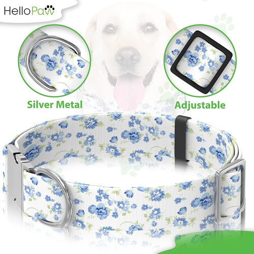 HelloPaw - Blue Flowers and Silver Metal - Premium Nylon Dog Collar 2