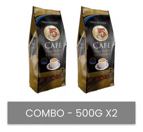 Combo Cafe En Granos 5 Hispanos Sin Azucar Tostado 2x500g 0