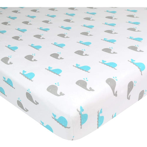 TL Care 100% Natural Cotton Value Jersey Knit Fit Portable / Mini-Crib Sheet, Aqua Whale 0