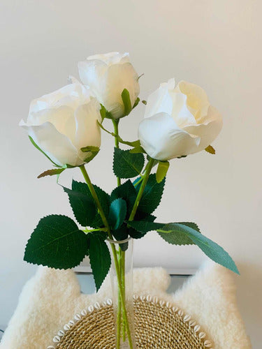 Set of 3 Premium Artificial White Roses with Green Leaves 5