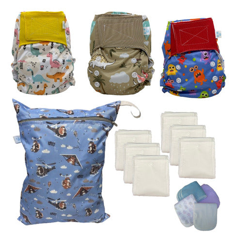 Pack 3 Ted Ecological Cloth Diapers + 6 Absorbents - Liner Wetbag 0