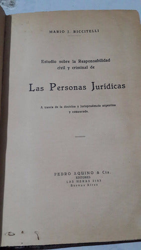 Old Book: "Las Personas Jurídicas" by Riccitelli - Libro Antiguo Las Personas Jurídicas Riccitelli