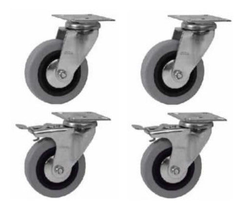 Set of 4 Swivel Rubber Wheels (2 with Brake) 75mm Dia 70kg Load Capacity Each ET Brand 1