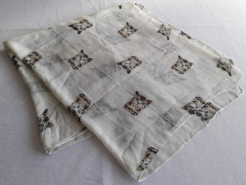 Generic Rectangular Beige Scarf with Cat Faces Print 3