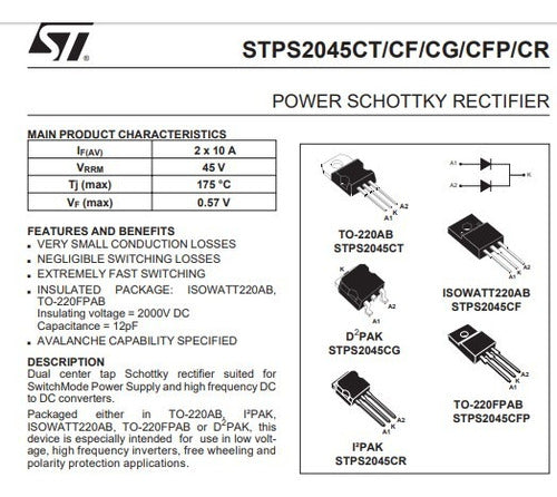 ST Diodo Schottky STPS2045CT 45V 10A TO220 1