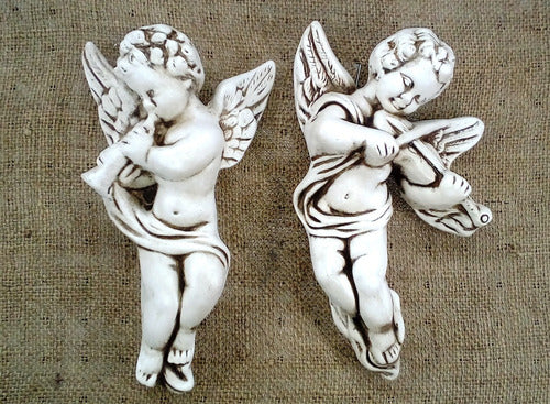 Pair of Ceramic Angels Wall Hanging Playing Guitar and Lyre 3