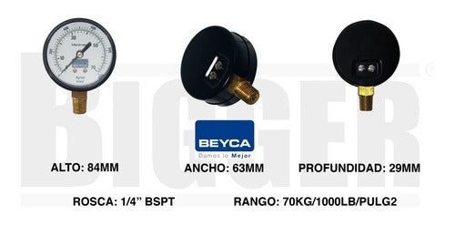 Beyca Manómetro 70 Kg/cm² 63 Mm Rosca 1/4 Inferior MM2-34 70 2