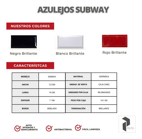 Priatel Azulejo Subway Biselado Blanco Brillante 7,5x15 1era 6