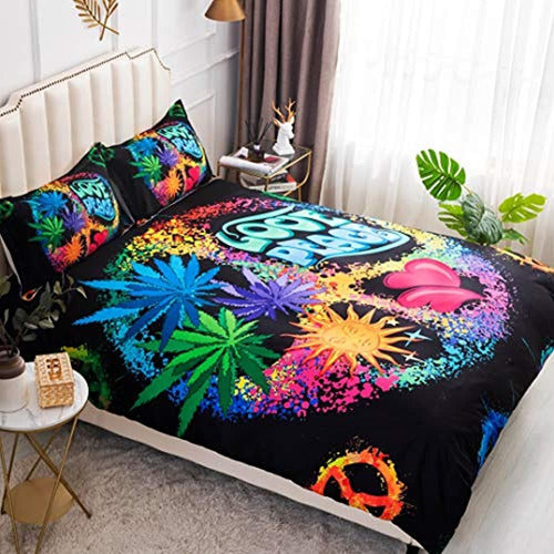 Suncloris Psychedelic Rainbow Black Peace Sign Bedding Set 2