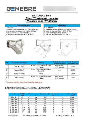 Filtro Y Pn40 1 1/2 Pulgada Acero Inoxidable Genebre 1