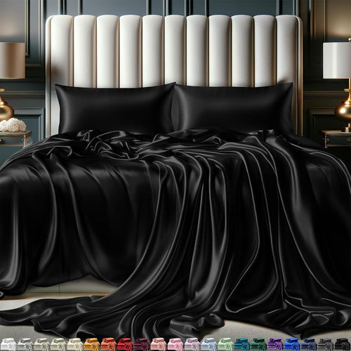 DECOLURE King Size 4-Piece Satin Sheet Set in Black 0