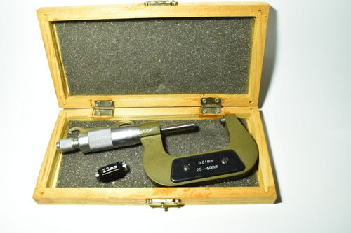 Industria Argentina Micrometer 25 to 50 Mm with Extender, Key, and Wooden Case 1