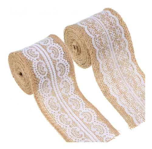 ClevClover 3 Rolls Decorative Ribbon in Burlap with Lace 5cm x 200cm 0