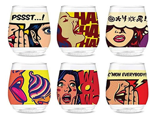 Tossware Pop 14oz Vino Pop Art Comic Series, Juego De 6, Cal 0