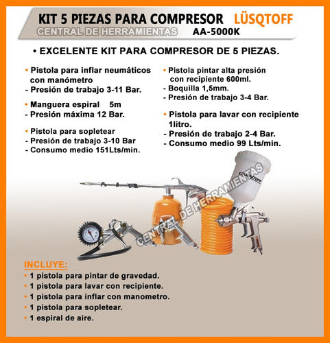 Lüsqtoff Kit De Accesorios 5 Piezas Para Compresor AA-5000K 1