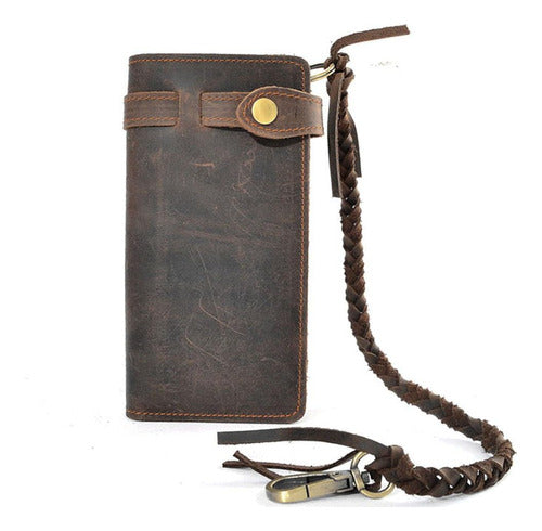 Cartera Para Hombre Con Cadena De Cuero, Billetera Plegable 0