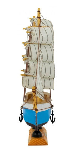 Miniatura Barco Navio Veleiro Madeira Casco Azul 26x5x29cm 1