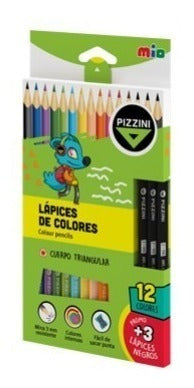 Pizzini Lapices Madera 12 Colores +3 Grafitos Hb Lápiz 0