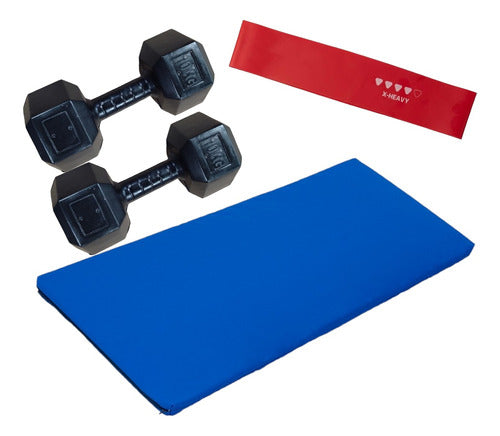 Mr Gym Fitness Training Kit: 130cm Mat + 10kg Weights + X-Heavy Band 0