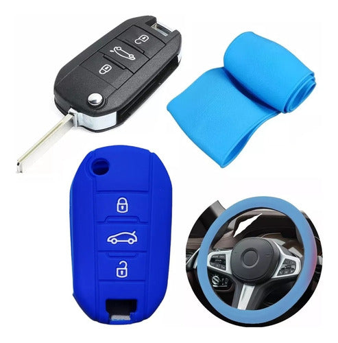 Blue Silicone Steering Wheel Cover + Key Case for Peugeot 0