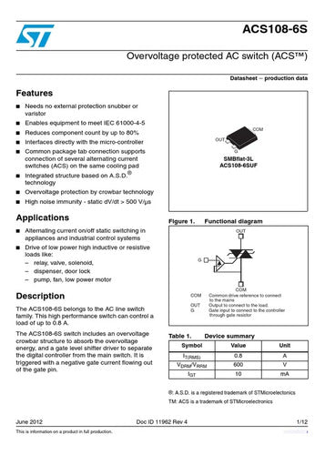 STMicroelectronics Acs108-5s Triac Acs 108 5s Switch Heladera Sot223 Pack X10 1